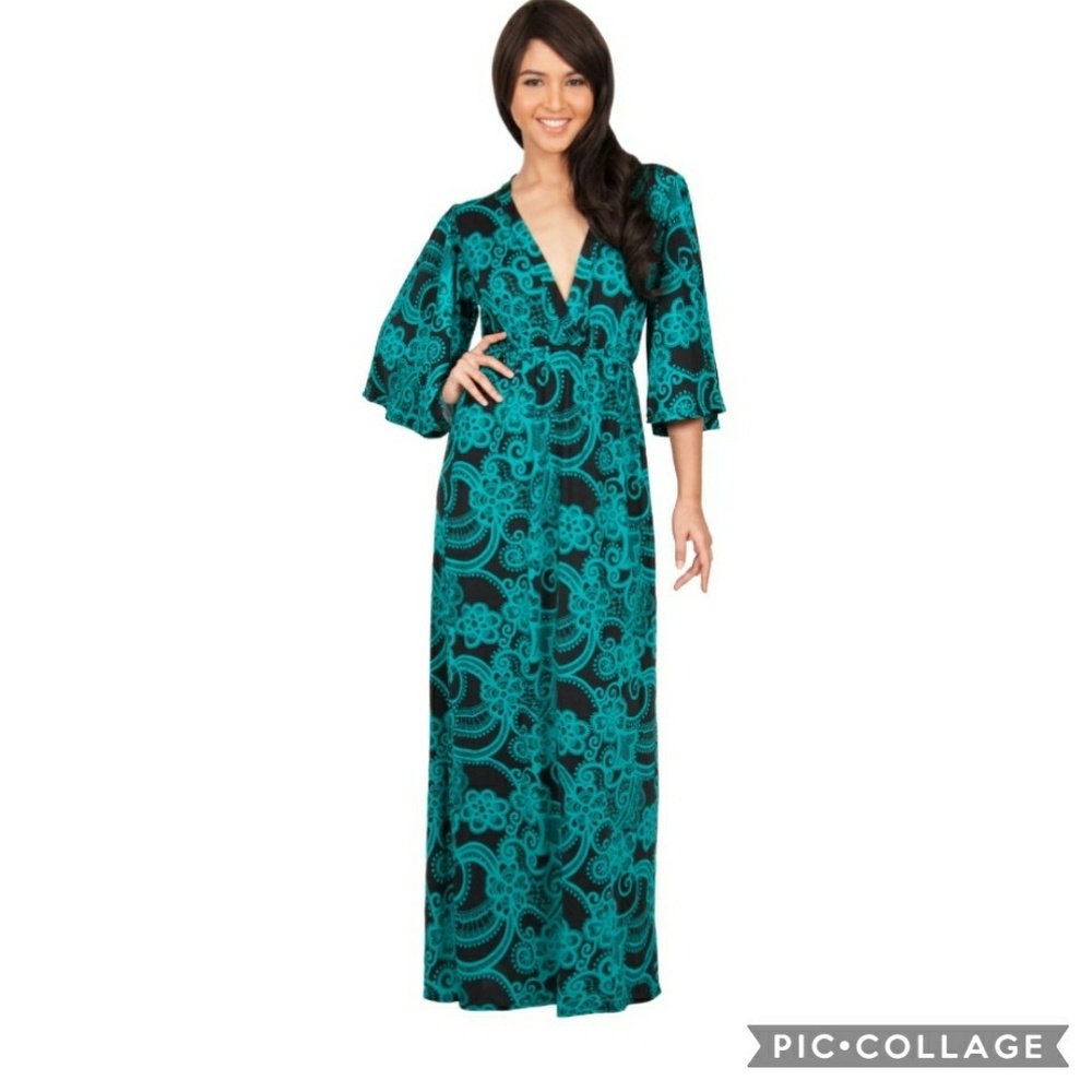 Long Kimono Sleeve V- Neck Printed Maxi Dress